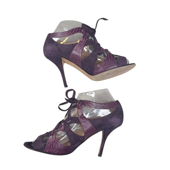 Kate Spade Eggplant Chad Suede Leather Snakeskin Print Lace Up Open Toe Heel 7 - Picture 6 of 8